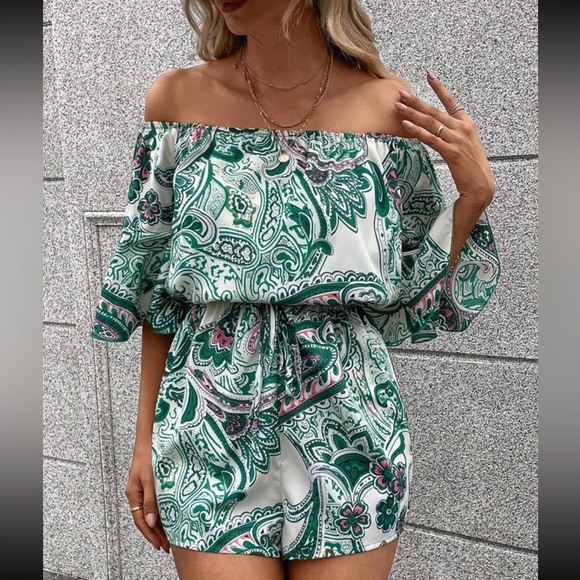 Boho floral print off shoulder knot front romper - Picture 5 of 6